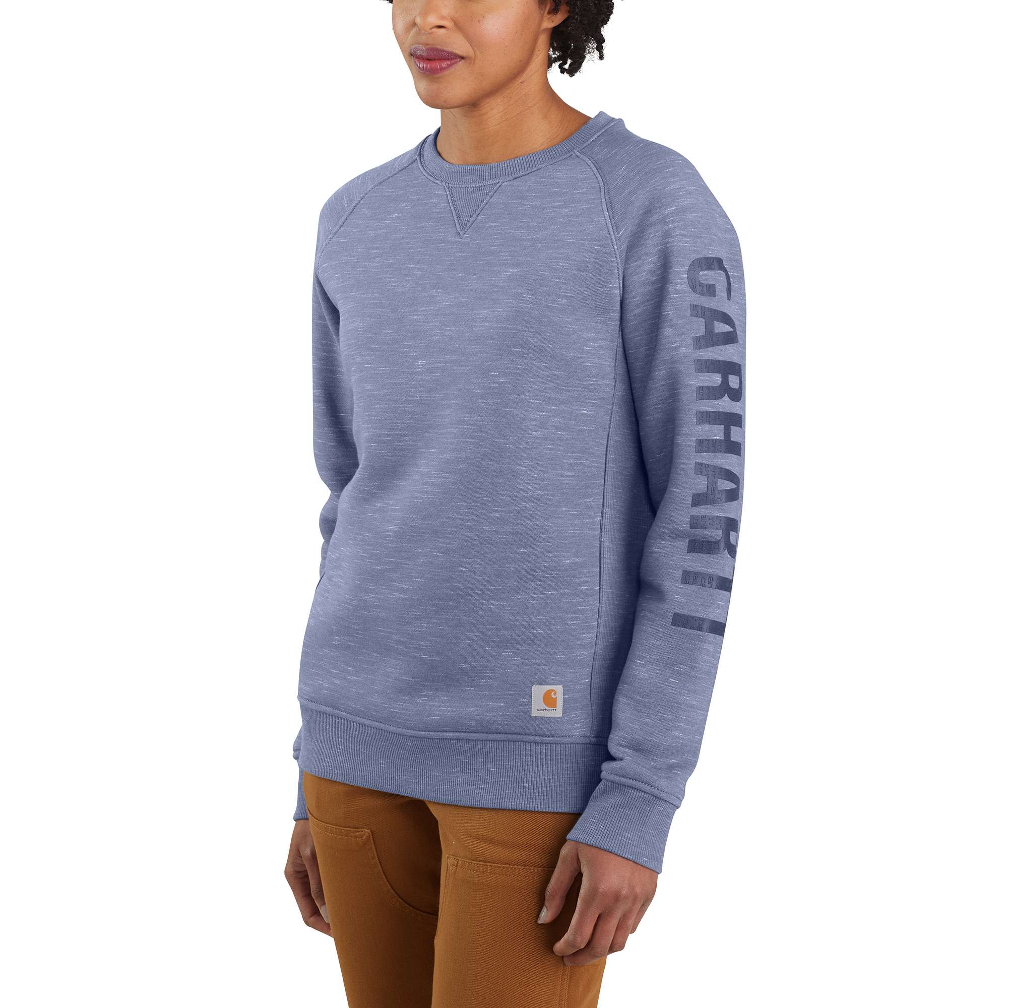Women's Relaxed Fit Midweight Crewneck Block Logo Sleeve Graphic Sweatshirt