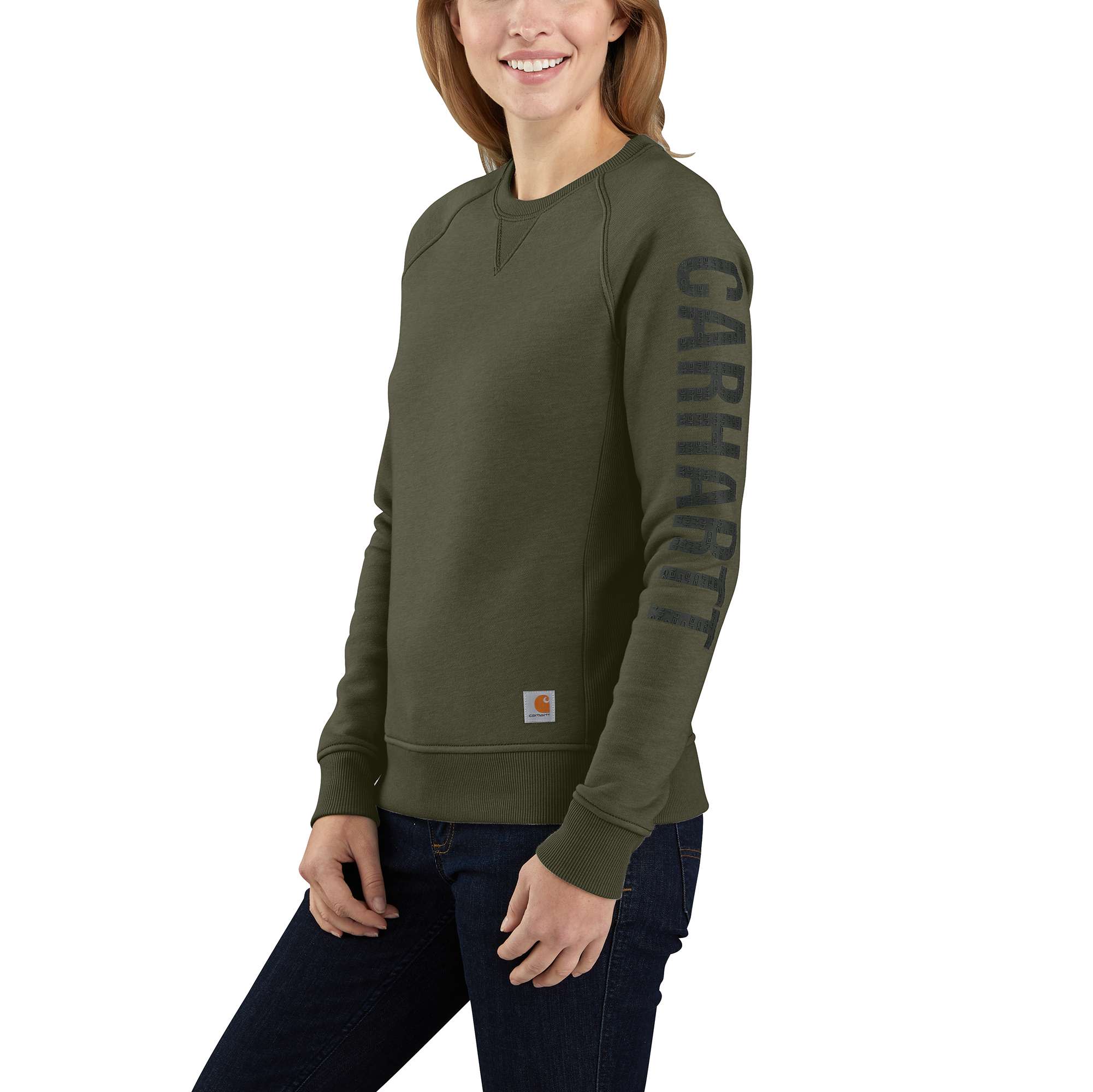 Women's Relaxed Fit Midweight Crewneck Block Logo Sleeve Graphic Sweatshirt