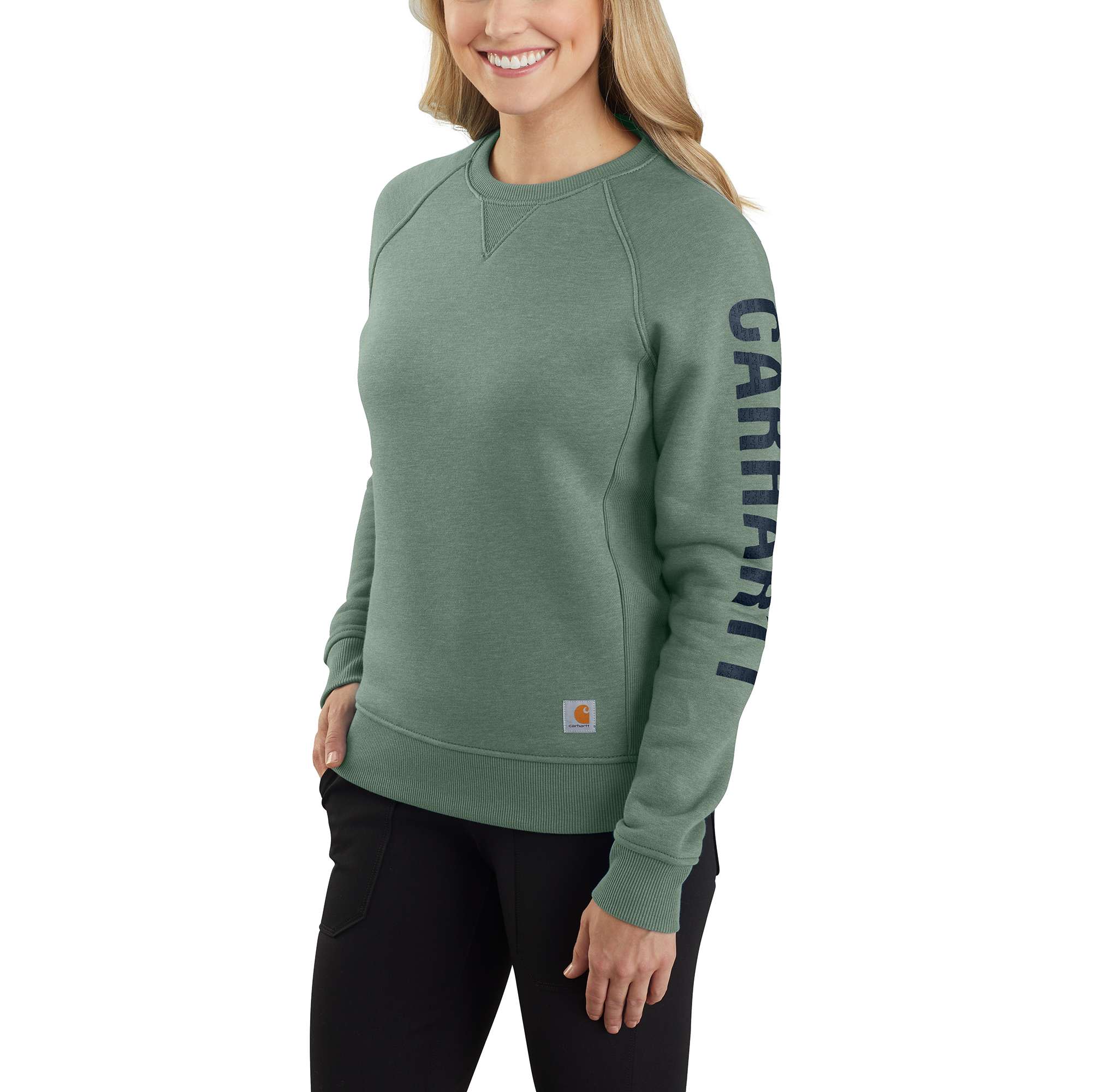 Women's Relaxed Fit Midweight Crewneck Block Logo Sleeve Graphic Sweatshirt