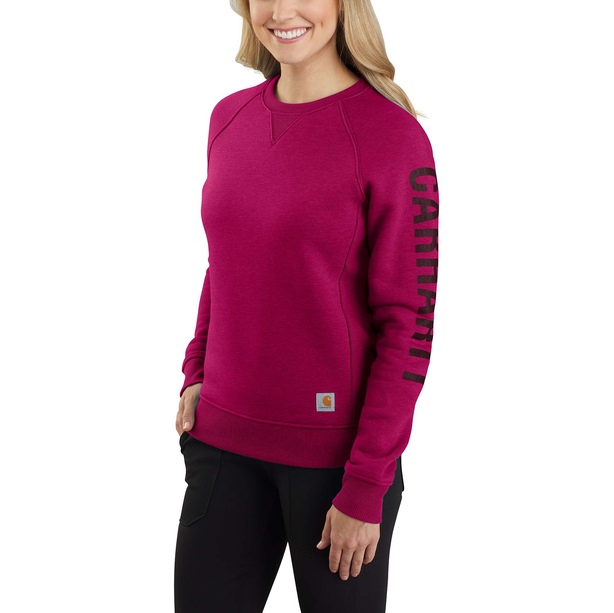 Women's Relaxed Fit Midweight Crewneck Block Logo Sleeve Graphic Sweatshirt