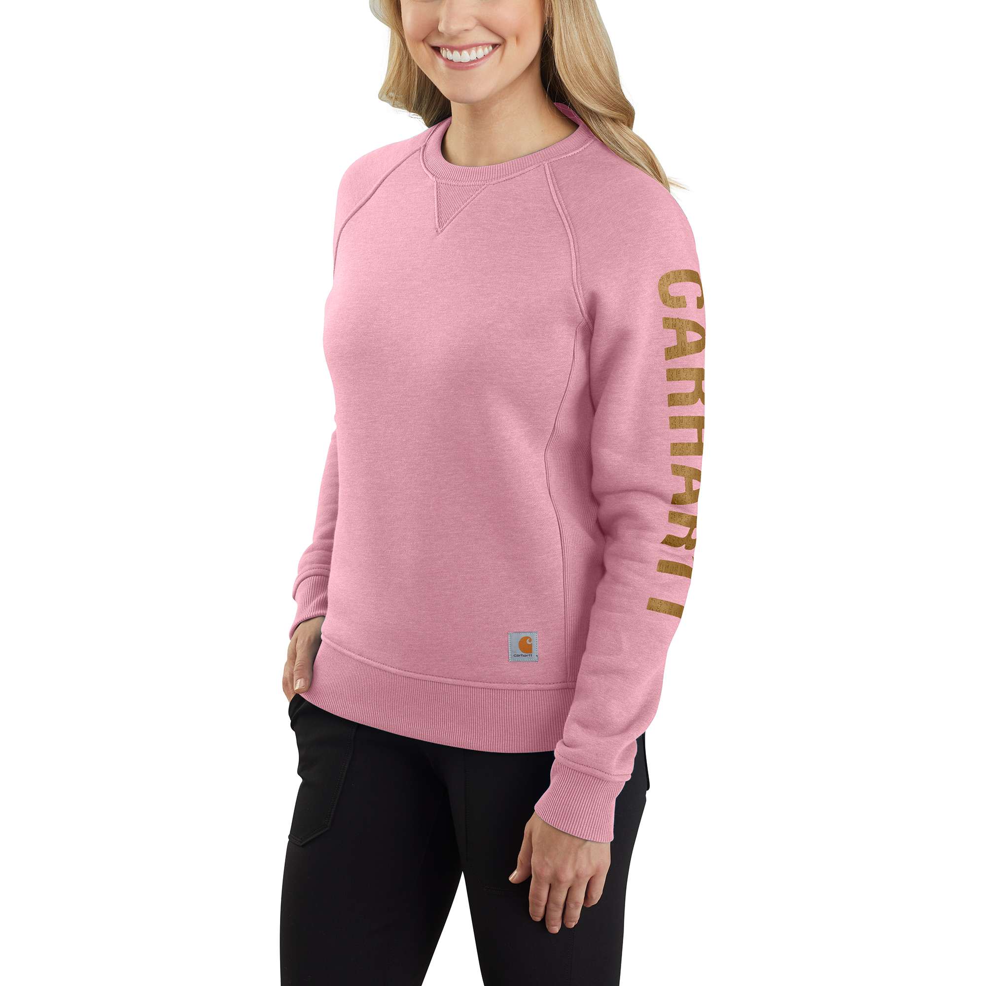 Women's Relaxed Fit Midweight Crewneck Block Logo Sleeve Graphic Sweatshirt